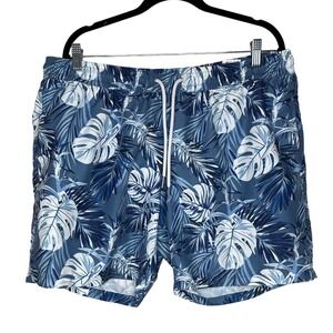 Blue Wave Mens Tropical Monstera Leaf Swim Trunks Blue White XXL Drawstring Mesh